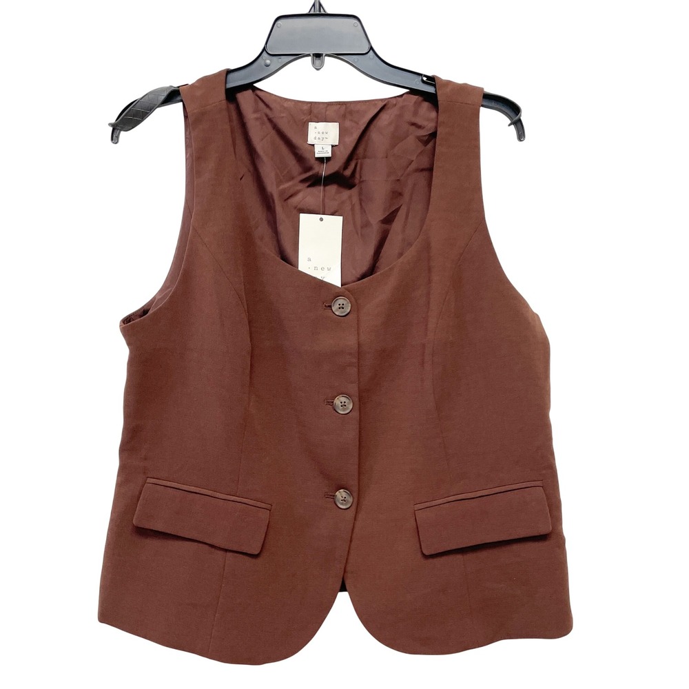 A New Day Women's Brown Faux Suede Button Front Tailored Vest Size Large